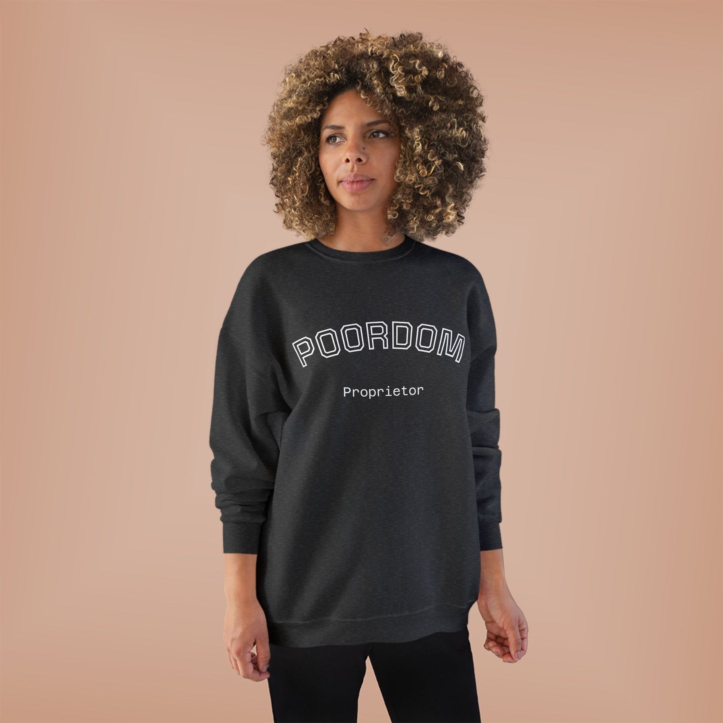 Retro Poordom Proprietor Graphic - Unisex Eco-Friendly Crewneck Sweatshirt: Casual Wear, Gift for Friends, Cozy Lounge Sweatshirt