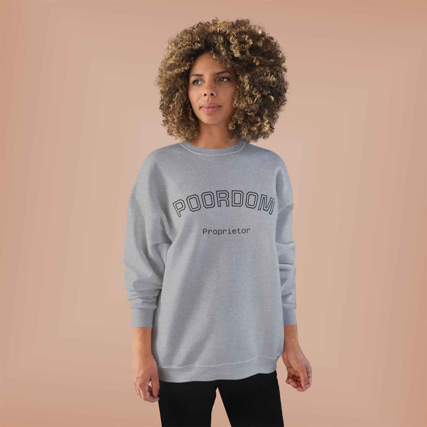 Retro Poordom Proprietor Graphic - Unisex Eco-Friendly Crewneck Sweatshirt: Casual Wear, Gift for Friends, Cozy Lounge Sweatshirt