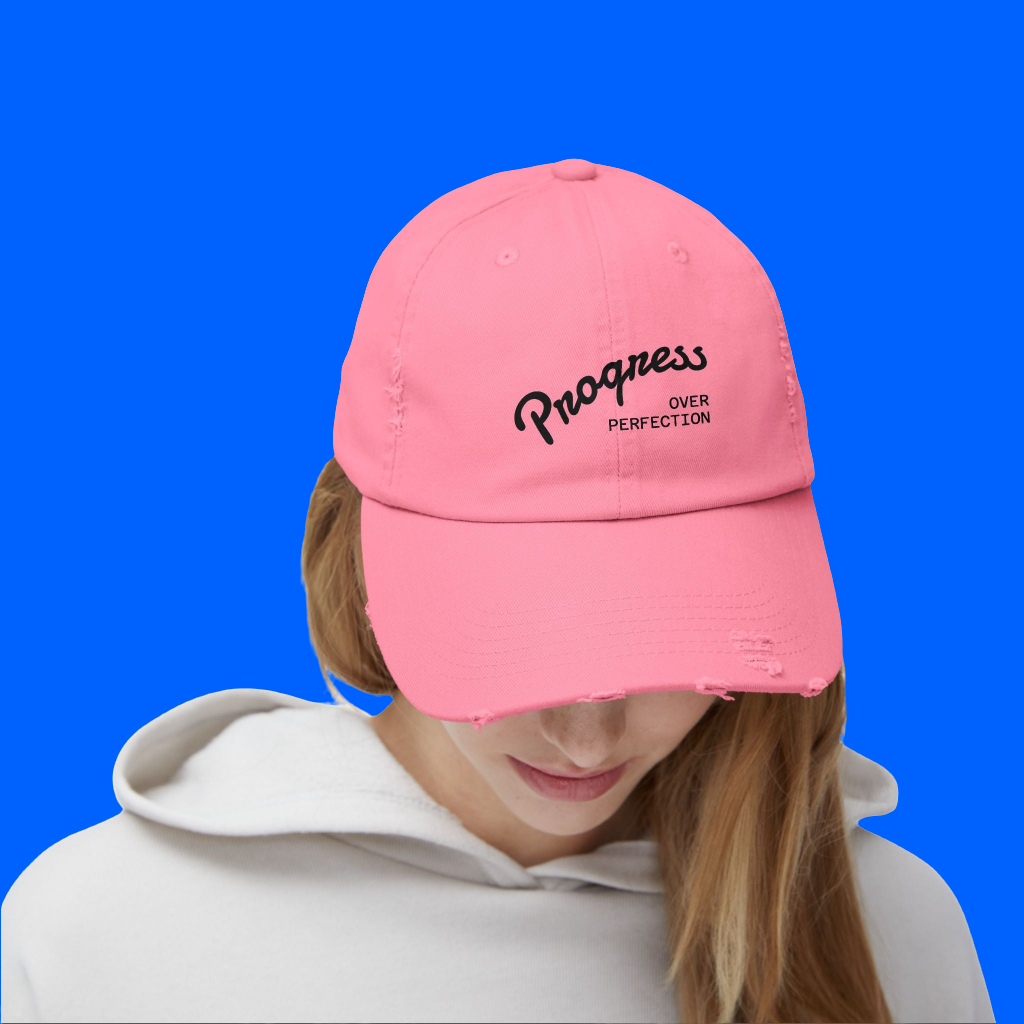 Progress - Trendy Distressed Cap, Adjustable Hat for Casual Outfits, Gift for Growth Mindset Enthusiasts, Perfect for Everyday Wear