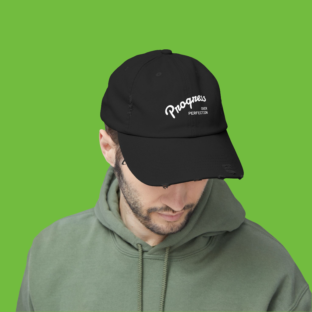 Progress - Trendy Distressed Cap, Adjustable Hat for Casual Outfits, Gift for Growth Mindset Enthusiasts, Perfect for Everyday Wear