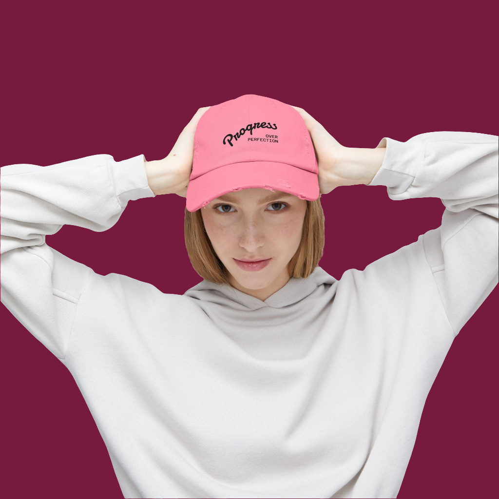 Progress - Trendy Distressed Cap, Adjustable Hat for Casual Outfits, Gift for Growth Mindset Enthusiasts, Perfect for Everyday Wear
