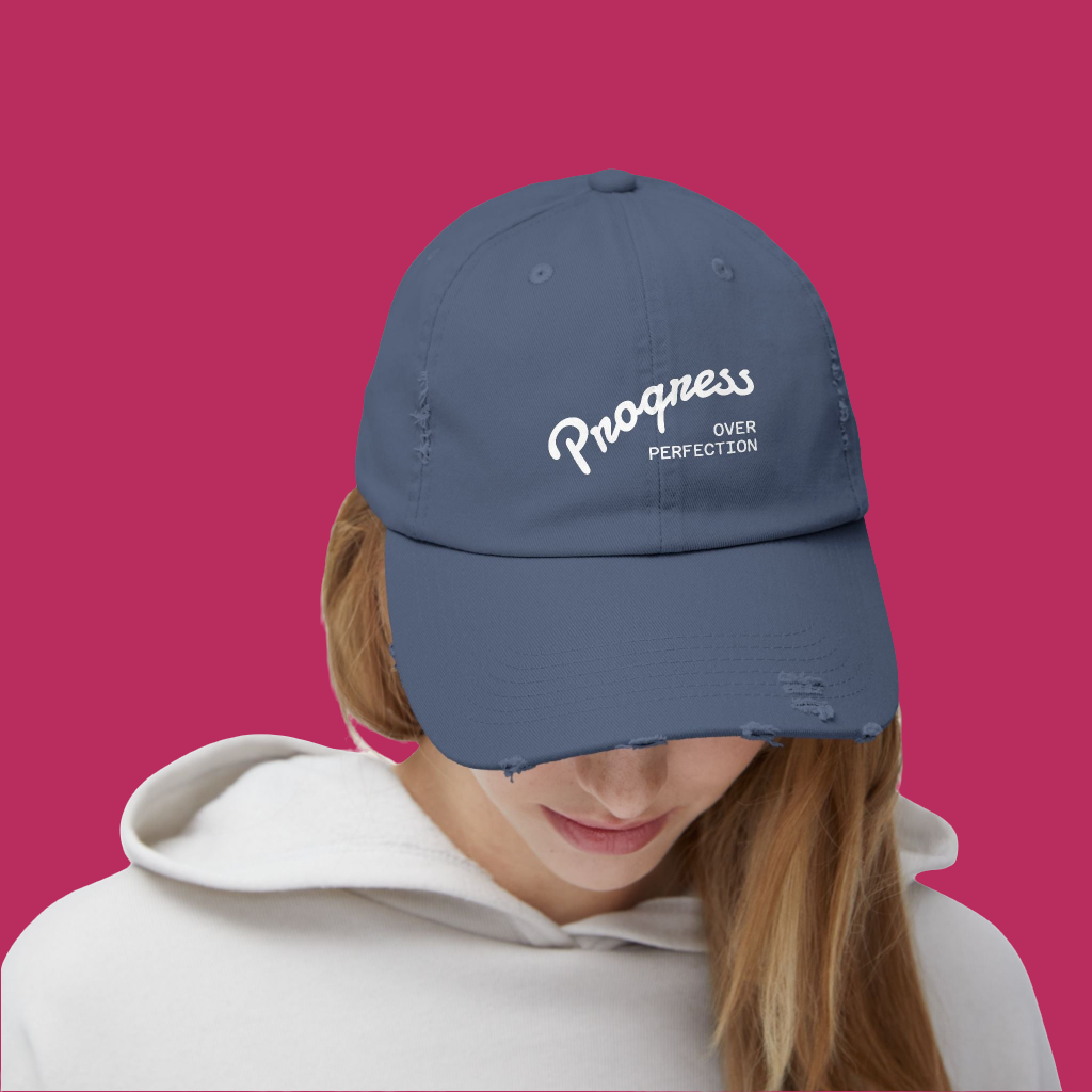 Progress - Trendy Distressed Cap, Adjustable Hat for Casual Outfits, Gift for Growth Mindset Enthusiasts, Perfect for Everyday Wear