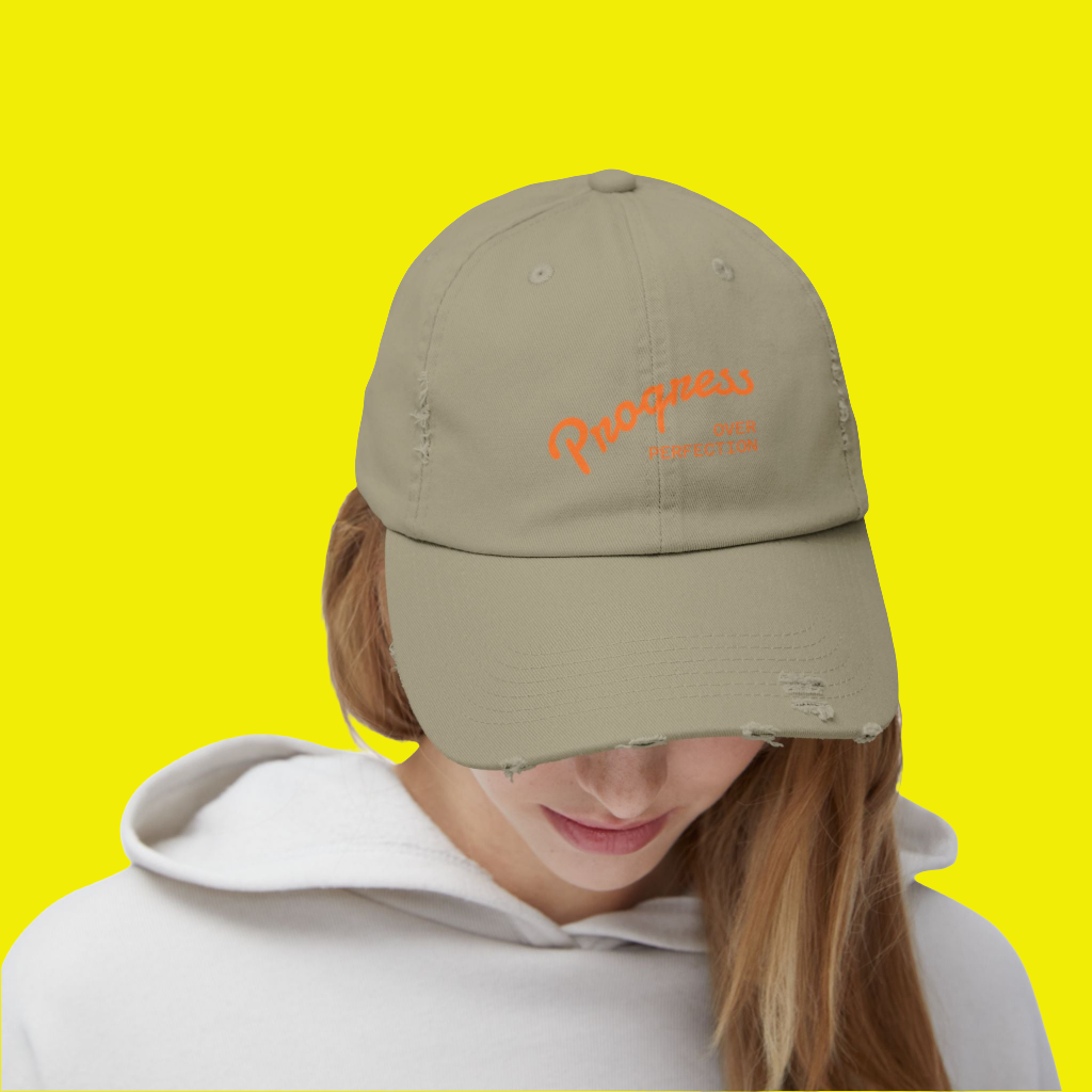 Progress - Trendy Distressed Cap, Adjustable Hat for Casual Outfits, Gift for Growth Mindset Enthusiasts, Perfect for Everyday Wear