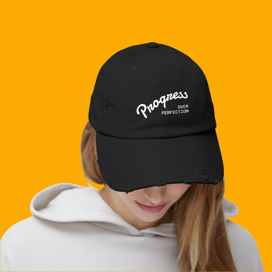 Progress - Trendy Distressed Cap, Adjustable Hat for Casual Outfits, Gift for Growth Mindset Enthusiasts, Perfect for Everyday Wear
