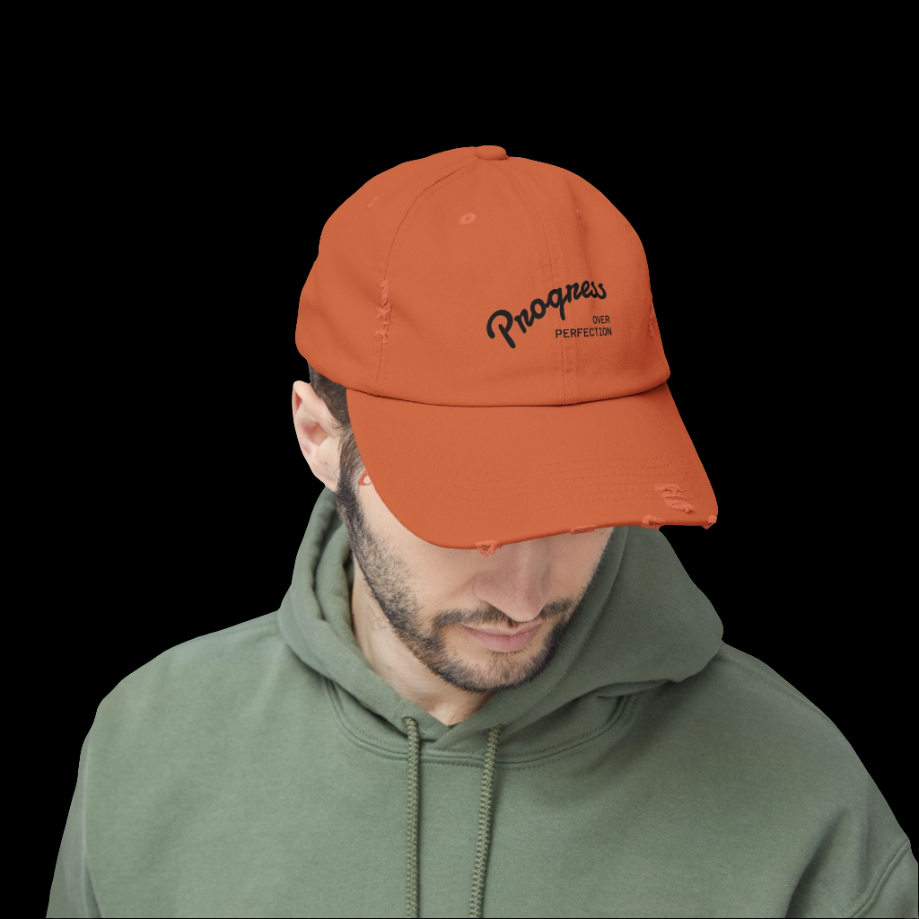 Progress - Trendy Distressed Cap, Adjustable Hat for Casual Outfits, Gift for Growth Mindset Enthusiasts, Perfect for Everyday Wear