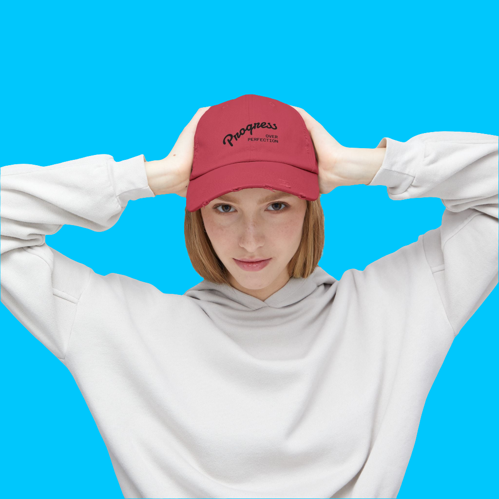 Progress - Trendy Distressed Cap, Adjustable Hat for Casual Outfits, Gift for Growth Mindset Enthusiasts, Perfect for Everyday Wear